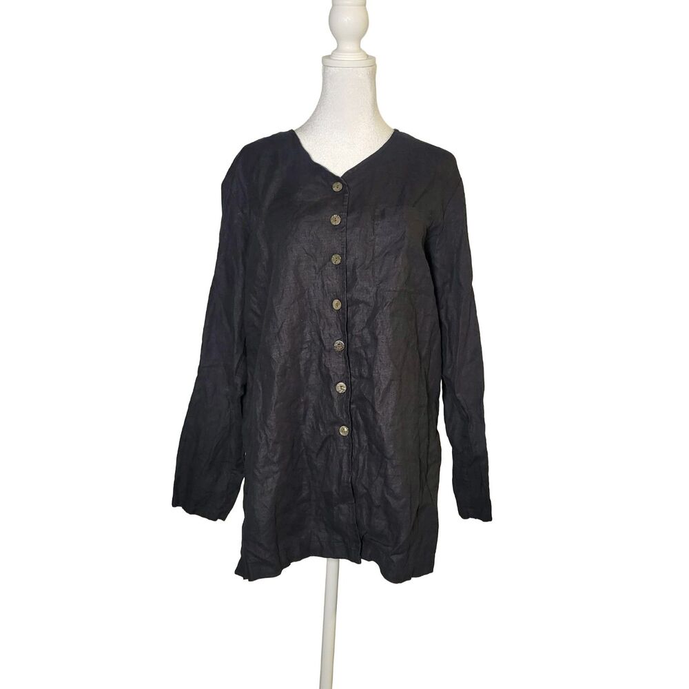 Lord & Taylor Linen Button Tunic PL Black Coastal Grandma Minimalist Lagenlook